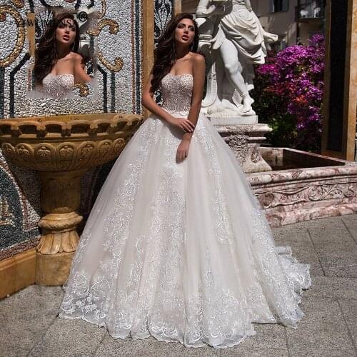 Robe De Mariee Strapless Champagnes Lining Ivory A Line Wedding Dresses Boho Lace Up Sweep Train Bridal Gown Vestidos De Noiva