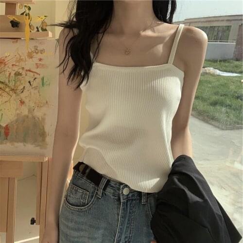 Spaghetti Strap Bottoming Camisole Womens Clothes Summer French Elegant Ribbed Knitwear Tank Camis Casual Slim Crop Tops Femme