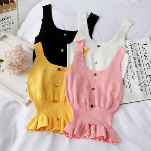 Women Ruffles Buttons Cropped Tanks Tops Girls Knitted Sweet Chic Slim Thin Tee shirts Camis crop Top for Female Summer