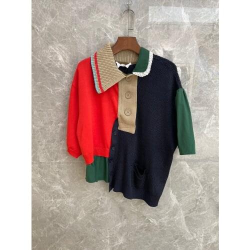 2021SS Summer High Quality Patchwork Knitted Short Sleeve Tops Female Casual T-Shirt 2 Color Tutu