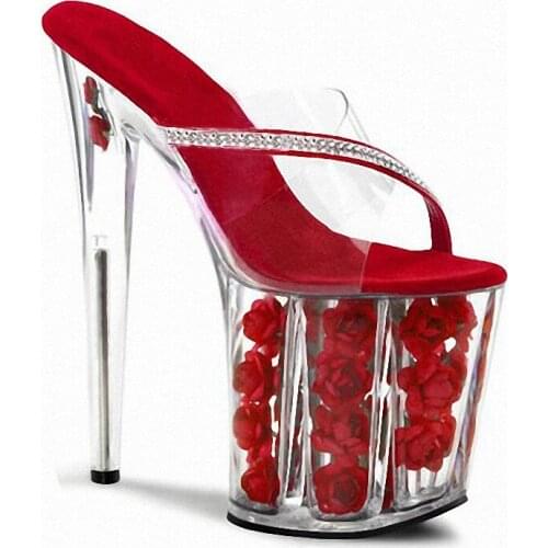Sexy Fetish 8 inches Super High heeled shoes New style Bride Flower Clear Crystal Slippers 20cm Rhinestone Thick platform Trend