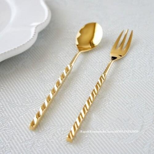 Ripple coffee spoon theme/cake/dessert fork gold plated stainless steel brass cutlery kitchen