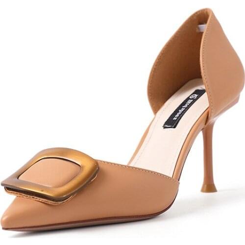 Womens Pumps 2019 Shoes Women Fine heel Pointed toe Metal Decoration Casual Slip-On High Heel