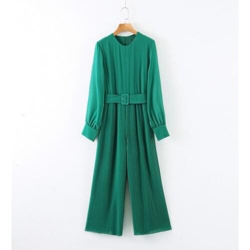 Womens Fashion New Round Neck Solid Color Drape with Belt Pleated Wide-leg Jumpsuit Rompers Spring Autumn