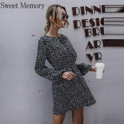 Sweet Memory Women Vestidos 2021 Autumn Slim Above Knee Dress Winter Dot Print Dresses High Waist Lantern Sleeve Robes
