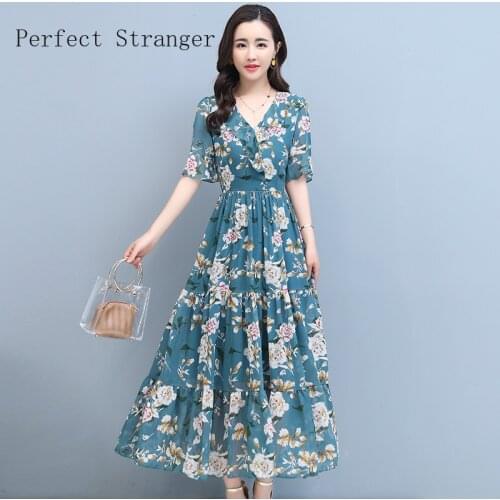 2021 Summer New Arrival High Quality Hot Sale M-3XL V Collar Ruffles Short Sleeve Women Chiffon Long Dress