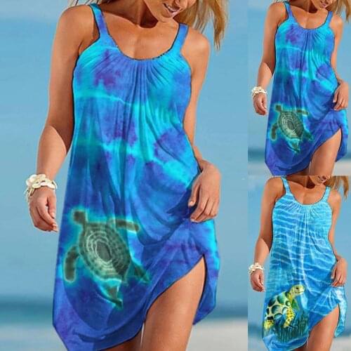 SAGACE Ladies Loose Elegant Female Dress Vestidos Cartoon Sea Turtle Printed Beach Dress Sleeveless Casual Short Tank Dress