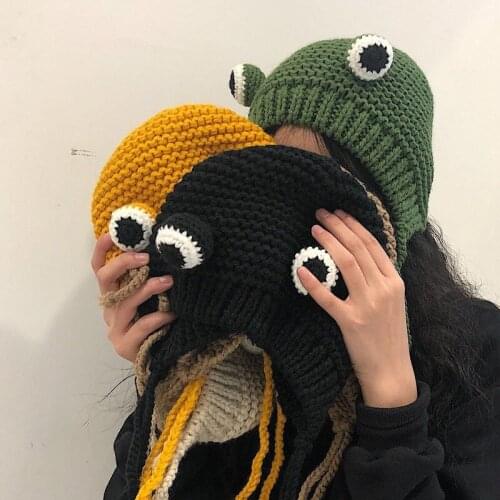2021 Winter Skullies Female Frog Hat Crochet Warm Knitted Hat Costume Beanie Hats Cap Women Gift Hat Photography Prop Party