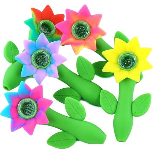 1PC Cool Green Sun Flower Funny Cute Tobacco Pipe Silicone Smoking Pipe with Glass Bowl Hand Pipe Pipes for Smoking Accessories