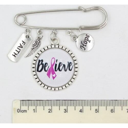 10PCS Wholesale Breast Cancer Awareness Brooch Pin Believe Hope Pink Ribbon Cancer Pin Brooch Safety Pins for Women Men