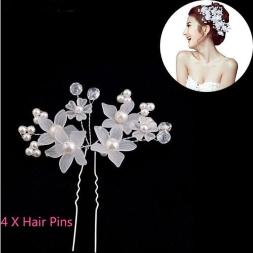 4pcs White Flower Bead Crystal Pearl Hair Pins Hair Sticks Noiva Hairpins Headpiece Wedding Bridal Hair Jewelry Accessories SL