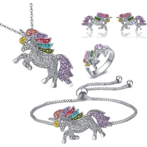 FDLK Luxury Crystal Unicorn Jewelry Set Cute Rainbow Horse Silver Plated Necklace Bracelet Rings Earrings For Women Girls Jewely