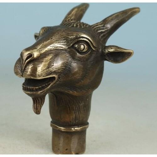 Collect Bronze Handmade Carving goat Head sheep head Cane Walking Stick Head Statue