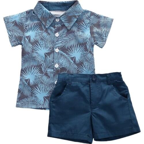 0-5Y Summer Gentleman Kids Baby Boys Clothes Sets Print Short Sleeve T Shirts Tops+Blue Shorts 2pcs