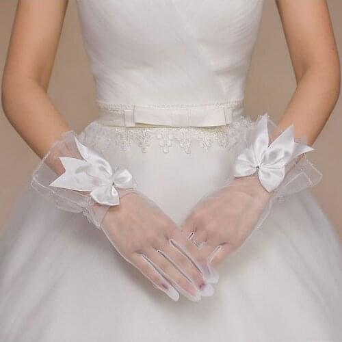 Korean Bow Full Finger Bridal Gloves Transparent Short Gloves Wrist Length Wedding Gloves For Women Cheap Wedding Accessories