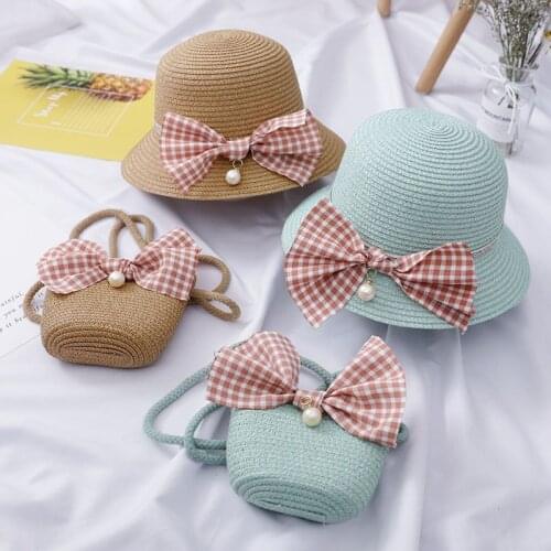 Summer Fashion Baby Sun Hat + Handbag Set Girls Cute Bow Sun Protection Beach Hat Breathable Kids Girl Sun Protection Straw Hats