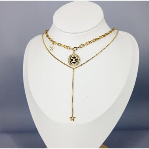 2021 Hot Selling Vintage Female Evil Eye Titanium Stainless Steel Necklace For Women Gold Star Steel Box Chain Necklace Jewelry