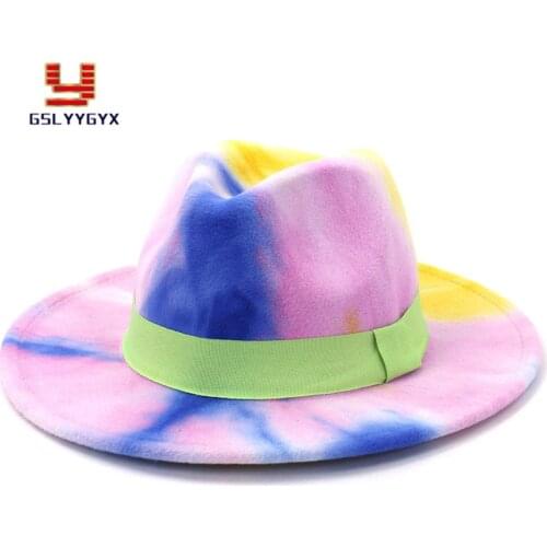 Hot Sell British Classic Tie-dyed Woolen Felt Fedora Hat for Women Men Jazz Panama Church Hat and Caps