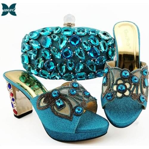 2020 Fashion Italian design Ladies Shoes with Matching Bags African Nigerian Women Wedding Shoes and Bag Set in Sky Blue Color
