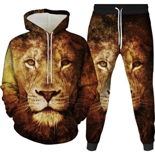 2021 Fashion 3d Lion Digital Printing Hoodie Sportswear Pants Suit Men And Women Hooded Pullover Casual Sweater Two-Piece Suit