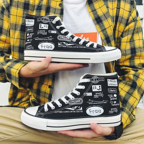 New Mens Graffiti High-Top Canvas Shoes Fashion Street Dance Casual Personality Vulcanized Shoes High-Quality Sneakers