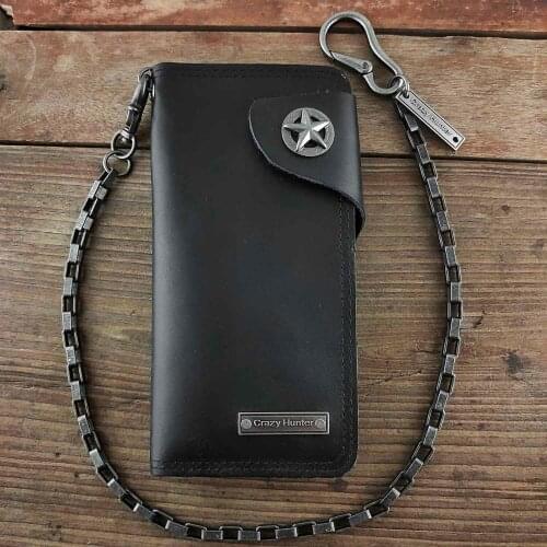 Genuine Leather star Snap Card Money Mens Long Wallet With chain