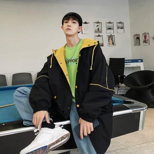 2019 Autumn Mens Long Clothing Trench Work Clothes Windbreaker Loose Coats Male Hip-hop Hat Spelling Color Jacket Size M-5XL