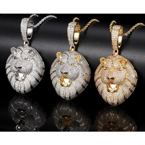 New Arrival Big Lion Head Hip hop Pendant & Chain Necklace Full Iced Out Cubic Zircon Bling for Men hip hop Jewelry