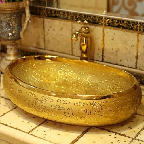 Luxurious Embossed Golden Counter top Bathroom Art Wash Sink bathroom sinks bathroom sink bathroom sinks handmade wash basin