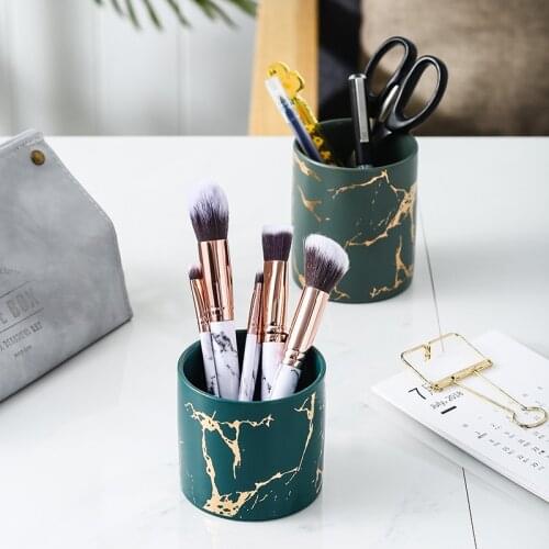 Nordic Ins Marble Pattern Cosmetic Brush Storage Box Ceramic Jar White Gilded Pen Holder Makeup Brush Holder Table Decor Vase