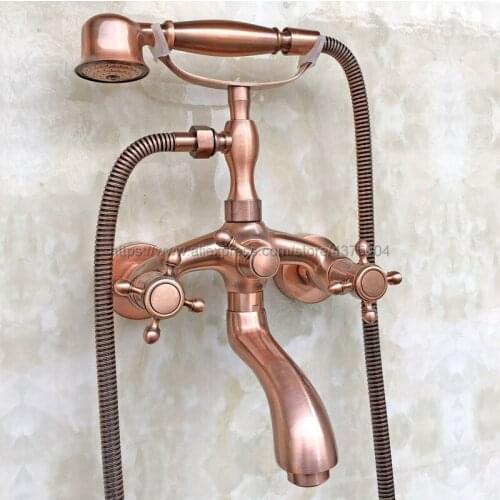 Bathtub Faucets Antique Red Copper Dual Handle Wall Mounted Bath And Shower Faucet With Handheld Showers Ntf801