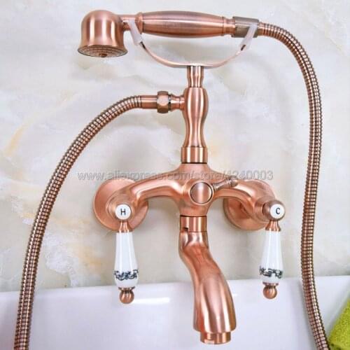 Bathtub Faucets Red Copper Brass Bathroom Faucet Mixer Tap Wall Mounted Hand Held Shower Head Kit Shower Faucet Sets Kna313