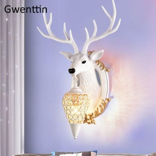 Modern Resin Deer Head Led Wall Lamp Crystal Antlers Wall Sconce Light Fixtures Living Room Decoration Bedroom Lights for Home