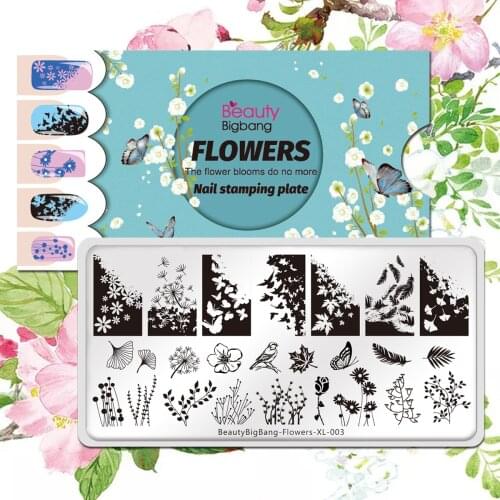 BeautyBigBang Stamping Plates Leaves Tree Bird Dandelion Plants Image Stainless Steel Stencil Nail Art Template Flower XL-003