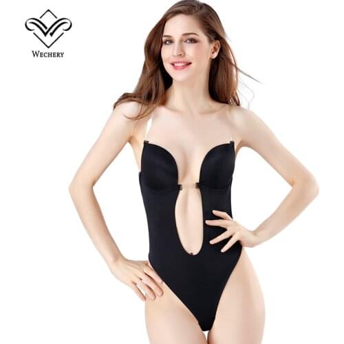 Wechery Vestido Backless Shapewear Deep Plunge Thong Body Shaper Tops Invisible Bra Under Dress Sexy Clear Strap