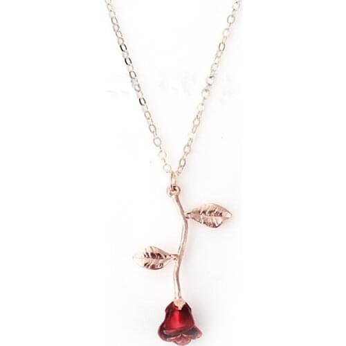 DoreenBeads Trendy Enamel Necklace For Women Girl Rose Gold Color Red Rose Flower Pendent 50cm(19 5/8")-45cm(17 6/8") long 1 Pc