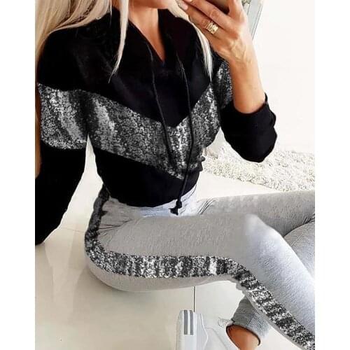 2021 Casual Two Piece Set 2 Piece Set Sportswear Women Tracksuits Sequin Patchwork Hoodie Crop Tops And Long Pants