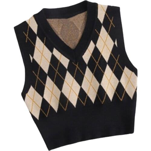 Women’s Argyle Print Sweater Vest Knit All-match Color Contrast sSexy V-neck Short Slim Jumpers Sleeveless V Neck Knit Tops
