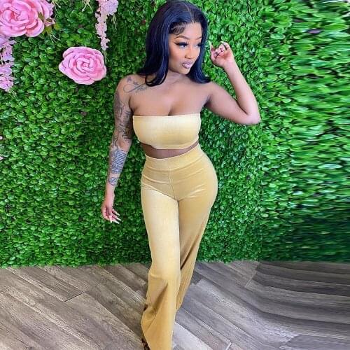 Velvet Tracksuit Women Two Piece Sets Off The Shoulder Bandage Crop Top and Loose Straight Wide Leg Pant Co-ord Velour Outfits