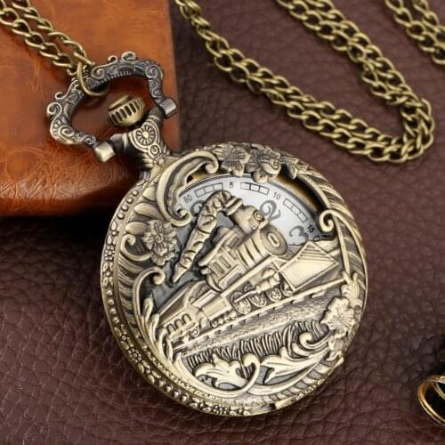 Brass Hollow Pattern Train Large Pocket Watch Classic White Quartz Dial Portable Clock Slim Chain Commemorative Gift For Male