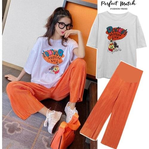 Pregnant Womens Summer Dress Suit Wear Pleated Broad-Legged Trousers Summer Thin Fashion Pregnant Women Fashion