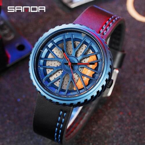 SANDA Men Wheel Watch Classic Fashion Waterproof Sport Watch Mens Quartz Leather Rim Hub Quartz Watch Relogio Masculino