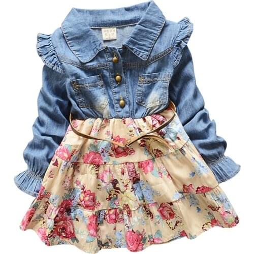 2020 Children Kids Clothing Denim Jeans Long Sleeve Baby Girls Princess Flora Dress