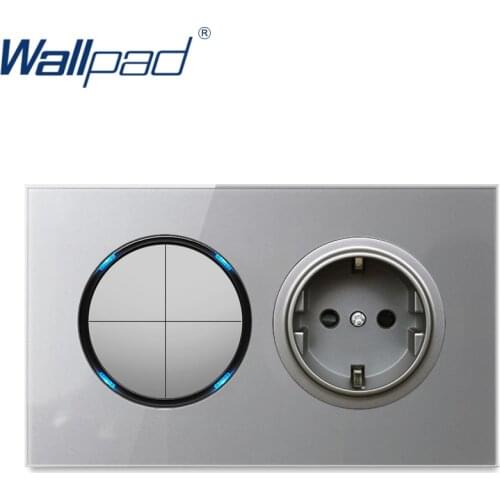 Wallpad EU Wall Socket Power Electric Outlet 4 Gang 2 Way Light Switch Grey Crystal Tempered Glass Panel Frame 146*86mm