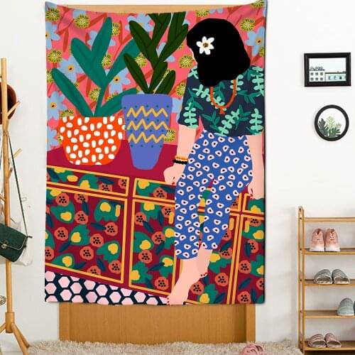 Illustration Colorful Flower Minimalist Girl Abstract Vintage Minimalist Tapestry For Home Design Wall Hanging