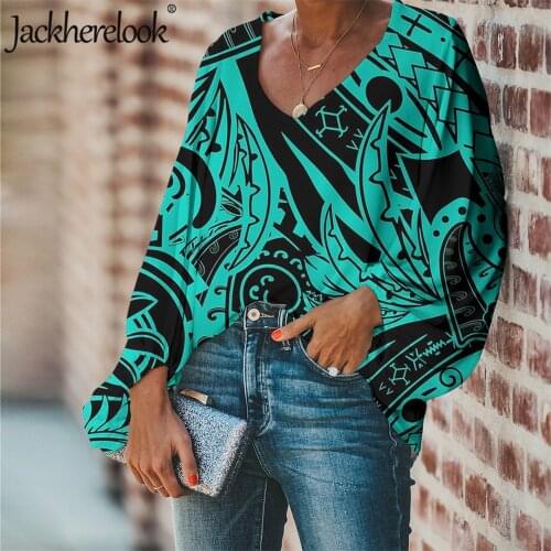 Jackherelook Tribal Samoa PolynesianTattoo Print Summer/Sping V Neck Tops Chiffon Blouses for Women Clothes Shirts Plus Size