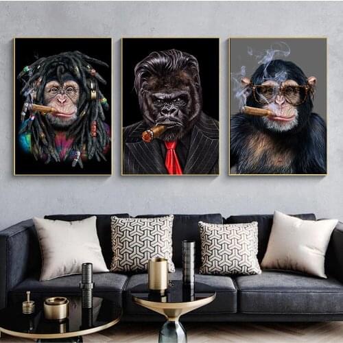 Funny Animal Canvas Painting Cute Posters Gorilla Chimpanzee Monkey Smoking Cigar Wall Art Picture for Living Room Home Decor