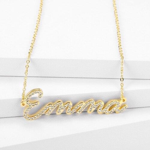 Classic Iced-Out Cursive Personalized Crystal Pendant Zircon Letter Necklace Womens Stainless Steel Jewelry Dropshipping