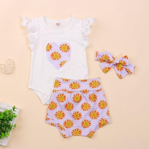 3pcs Newborn Baby Girls Clothes Sets 0-18M Sunflowers Printed Lace Ruffles Sleeve Romper Shorts Headband