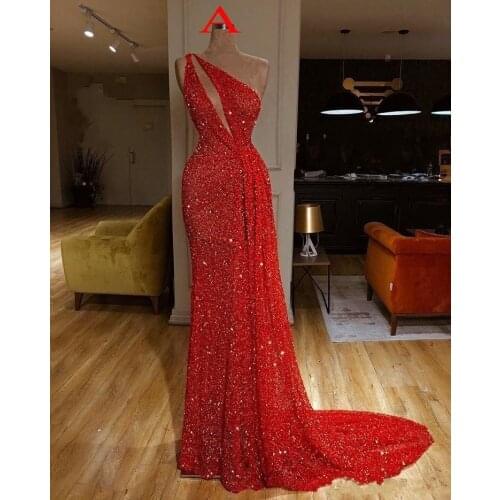 Red bling bling New Arrival one shoulder Red Mermaid Prom Dresses ruched 2020 High side Split Formal Evening Gowns robe de soire